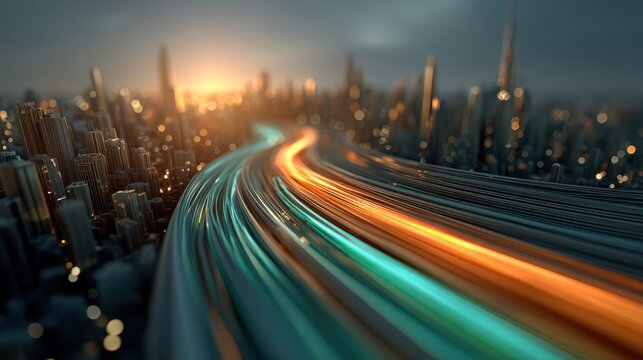3D city traffic flow visualization featuring colored streams in an urban landscape. - Powered by Adobe