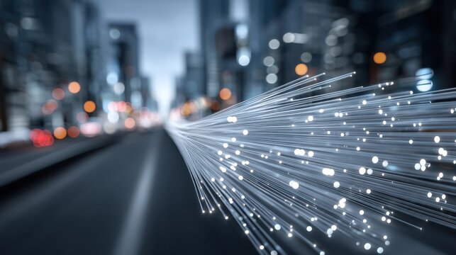 A detailed 3D visualization of fiber optic cable routes under a cityscape.