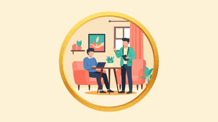 Obraz premium Illustration of two men, one working on laptop, other gesturing, in a cozy, plant-filled living space