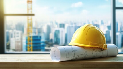 contractor. A construction blueprint and helmet on wood, symbolizing planning and safety in industrial projects. safety posters.