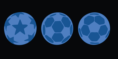 Set of Three Stylized Blue Soccer Ball Vector Illustrations on Black Background