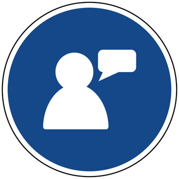 Kommunikation Vektor Icon Sprecher mit Sprechblase Feedback Dialog Support Beratung Info blaues Schild Symbol Grafik Kundenservice Gespr&auml;ch Mitteilung Aussage Fragen Antworten Hilfe
