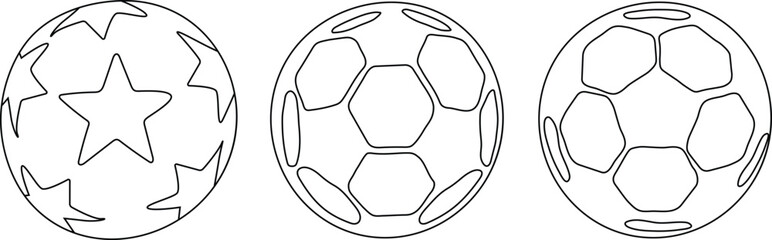Three Different Soccer Ball Vector Designs in Black and White Line Art Set