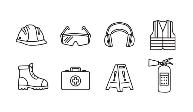 Safety equipment icons for workplace protection and emergency response silhouette