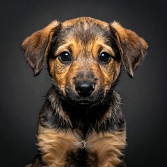 A close-up portrait of a puppy with a mix of dark and light brown fur