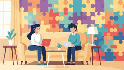 Two people work on laptops while sitting on a sofa in a room adorned with a colorful jigsaw puzzle wall