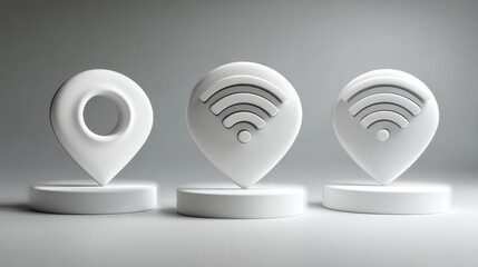 A minimalist icon set featuring GPS map pins and radar waves for digital use.