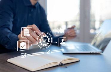 Business workflow and process management concept with checklist, approval, and optimization icons. Professional planning tasks and operations on notebook and laptop for quality control and efficient w
