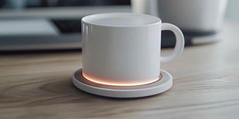 Neutral-colored heated coaster on wooden desk with glowing indicator light  