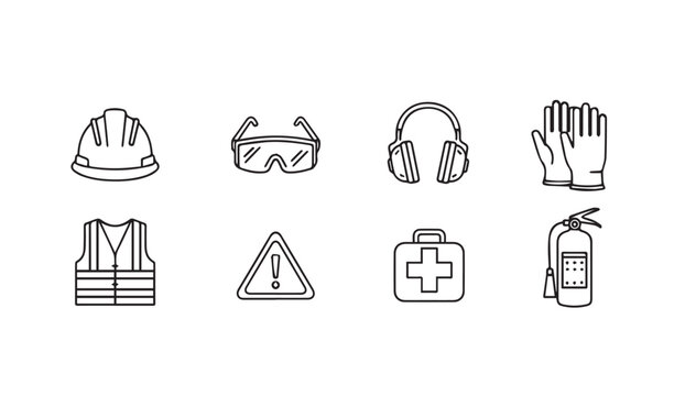 Safety equipment icons for workplace protection and emergency response vector style