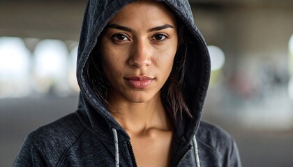 A close-up portrait of a young woman wearing a hooded sweatshirt