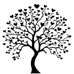 Obraz premium Love Tree with Heart Shaped Leaves Silhouette. Family Love Tree Symbol with Heart Leaves.