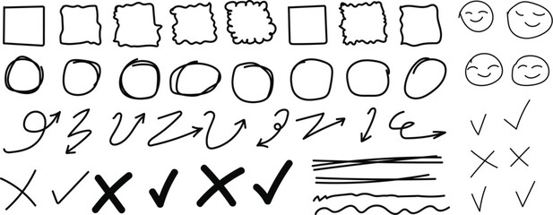 Hand drawn collection of arrows, shapes, check marks, and doodle elements for design. A comprehensive vector collection of hand-drawn doodle elements, perfect for adding a playful and organic touch