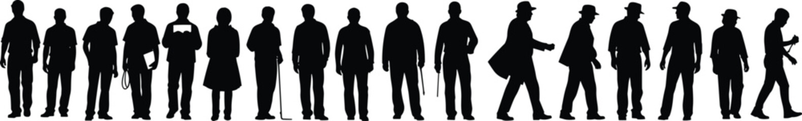 Standing people silhouette collection, diverse professions vector, posture icon design, cad drawing flat vector illustration, black graphic human artwork