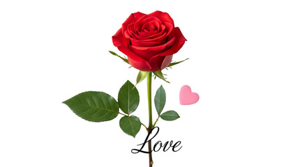 Fototapeta premium Passionate Red Rose with Pink Heart and Love Text for Romantic Valentines Day Anniversary Wedding Design