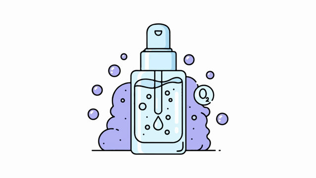 A blue dropper bottle filled with liquid and bubbles, surrounded by purple foamy clouds and small circles