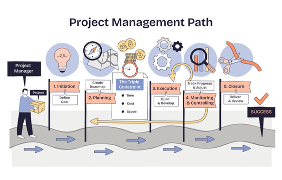 Project management path shows initiation planning execution monitoring closure with signposts, roadmap, and magnifying glass guiding progress to success. Doodle style diagram
