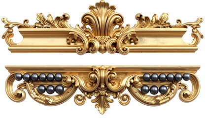 Two golden ornate architectural ornaments with scrolling foliage