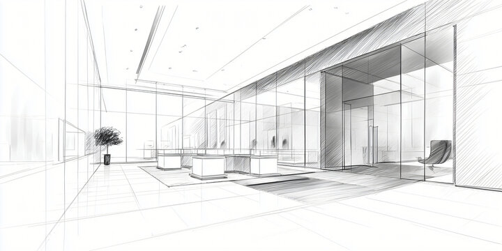 Modern architectural sketch of a spacious office interior with clean lines and a minimalist aesthetic. The space is illuminated by natural light and features large windows