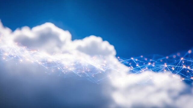 Cloud computing and interconnected data network: A visual representation of cloud computing concept with fluffy cloud formation and digital data transfer networks.