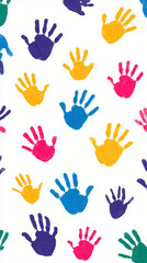 Colorful handprints artfully arranged on a surface, representing unity and participation. These vibrant prints create a visual of connection