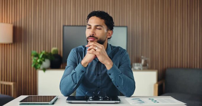Office, thinking and man with reflection for business plan, graphs or development of creative ideas. Tech, planning and consultant with online report, review or trends research at digital agency