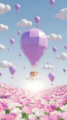A large purple hot air balloon floats above a field of flowers