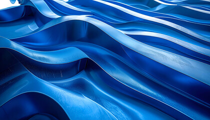Abstract 3D rendering of fluid blue waves, with gentle curved surfaces