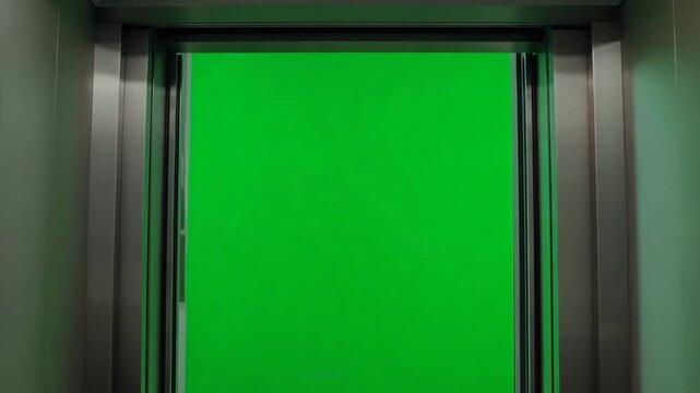 Modern Elevator Doors Opening with Vibrant Green Screen