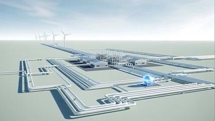 Futuristic renewable energy system with wind turbines and a complex network of pipelines and storage tanks under a clear sky. - Powered by Adobe
