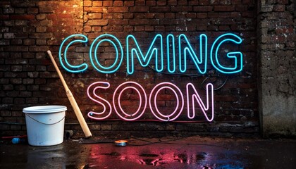 photograph, brick wall, neon sign, "COMING SOON", pink and blue lights, shovel, bucket, wet ground, urban setting, industrial, nighttime, reflections, dark, wet surface, brick texture, rustic, outdoor