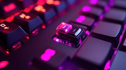 close-up of a high-end mechanical keyboard with custom keycaps, one key being pressed, showcasing the switch mechanism underneath, satisfying tactile feel, dramatic lighting. 