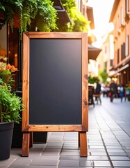 Blank vintage wooden chalkboard menu board on a street brick wall for a cafe restaurant message