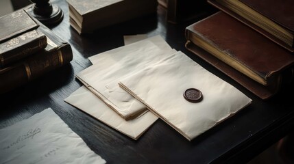 collection of premium stationery--thick cotton paper, matching envelopes, and a wax seal stamp--arranged on a dark, elegant desk, timeless communication, macro photography, rich textures. 