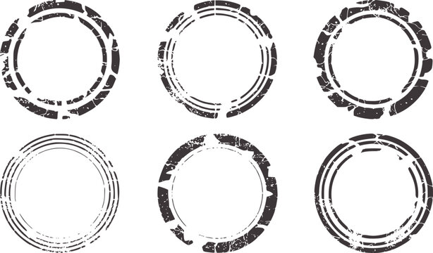 Six distressed circular stamp outlines in dark gray circle grunge texture