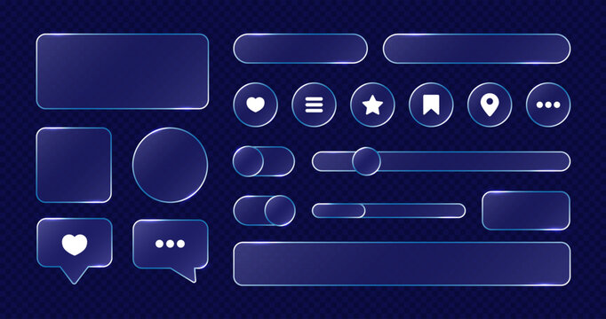 Glassmorphism UI. User interface Transparent glass elements with liquid morphing effect for mobile app, web. Rounded rectangles, buttons with matte blur overlay. Glass texture icons set. Vector