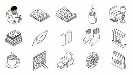 Fototapeta premium Isometric Line Art Icons for Cozy Reading and Relaxation at Home. Collection of Hygge-Inspired Symbols for Comfort and Leisure Activities.