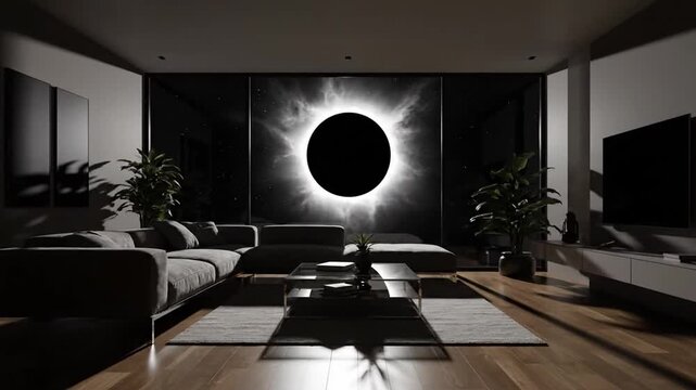 4K Video Modern Minimalist Living Room with Cinematic View of a Total Solar Eclipse