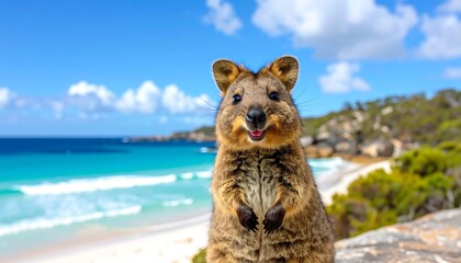 Quokka smiling on beach landscape photography.