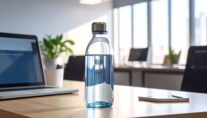 Water bottle on office desk with laptop.