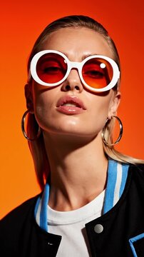 Vibrant portrait of a stylish woman in white sunglasses, exuding pop art aesthetic and confident style. Ideal for fashion, beauty, and trendy lifestyle content. Modern and individual.