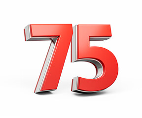 Bold Vibrant Red Number Seventy five Number 75 With Metallic On White Background 3D Illustration