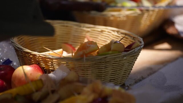 Local Farmers Selling Fresh Delicious Fruits to Customers at Vibrant Village Food Fair Market Stall