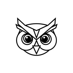 Obraz premium Stylized geometric owl head line art icon in black and white. Modern minimal vector illustration of a wise bird face.