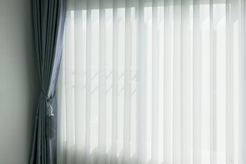 Soft daylight filters through white vertical blinds beside a gray curtain, creating a calm, minimalist interior atmosphere with gentle light and shadow, perfect for modern home design concepts.