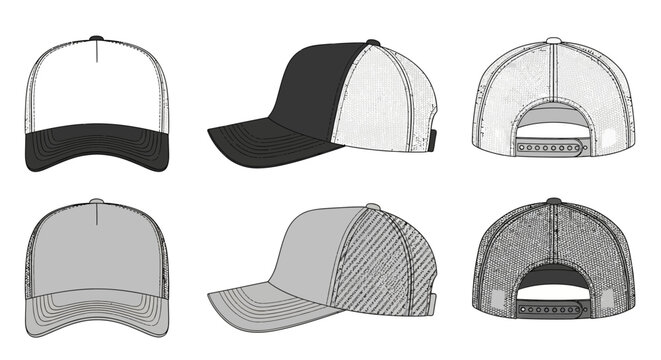 Vector template set of blank baseball caps and trucker hats, showing front, side, and back views. Ideal for apparel design mockups, customizable headwear branding, and fashion projects