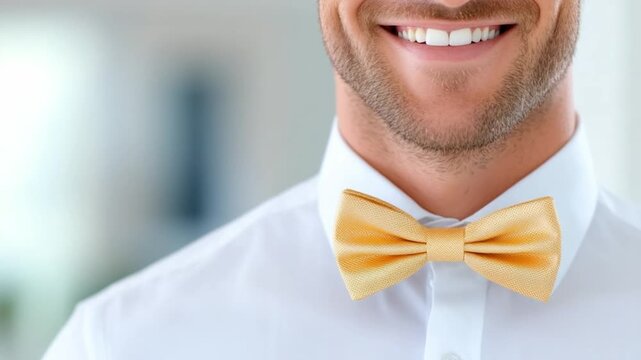 Elegant Man with Bow Tie: Close-up of a handsome man, radiating charm and sophistication, wearing a classic white shirt and a stylish bow tie, highlighting his captivating smile and refined taste.