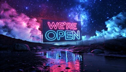A neon-lit sign reading "WE'RE OPEN" glows against a starry, cosmic sky backdrop with pink and blue clouds, reflecting on a wet, rocky landscape.