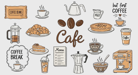 Hand-drawn collection of cafe essentials coffee items, fresh pastries, and breakfast treats, perfect for menu designs and inviting culinary graphics