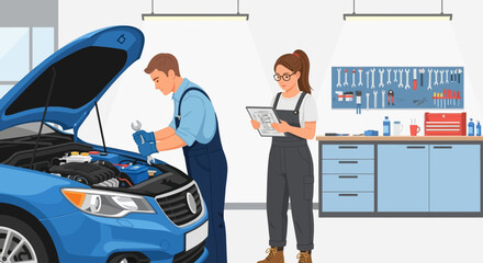 Skilled auto mechanics providing professional car repair and maintenance service in a clean and well-equipped modern garage workshop, ensuring vehicle reliability and customer satisfaction